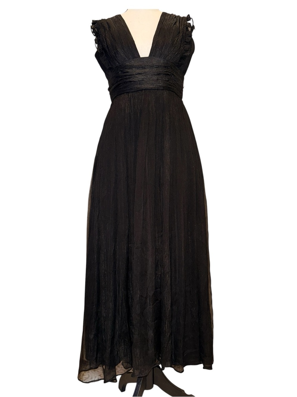 Monique Lhuillier Black Pleated Ruffle Maxi Gown Size 6